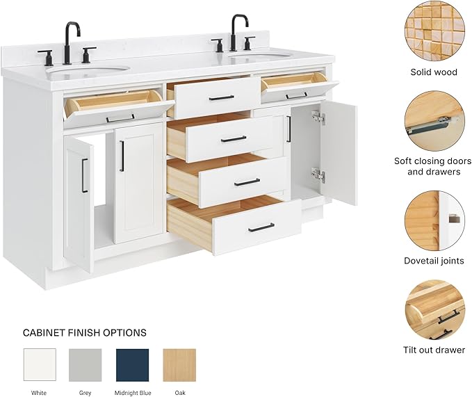 ARIEL Hepburn 66-inch Bathroom Vanity with Sink,Solid Wood, 1.5-inch Carrara White Quartz Countertop & Backsplash, Double Oval Porcelain Sink, 4 Soft Closing Doors, 6 Dovetail Drawers, White