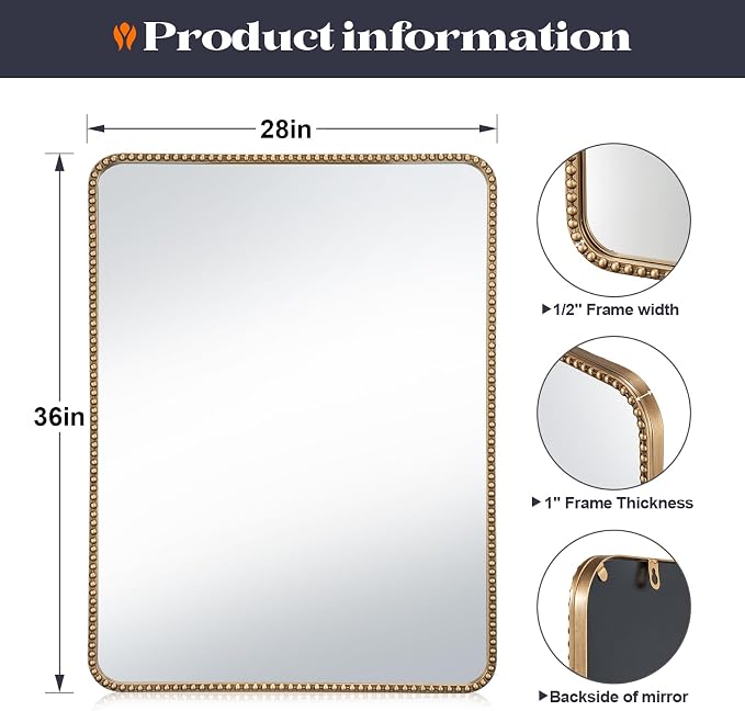 28"x36" Champagne Bronze Mirrors for Bathroom, Brass Vintage Bathroom Wall Mirror with Beaded Frame, Gold Beaded Mirror for Vanity Ornate Bedroom, Tempered Glass