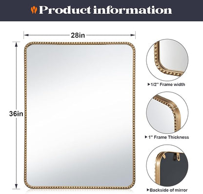 28"x36" Champagne Bronze Mirrors for Bathroom, Brass Vintage Bathroom Wall Mirror with Beaded Frame, Gold Beaded Mirror for Vanity Ornate Bedroom, Tempered Glass