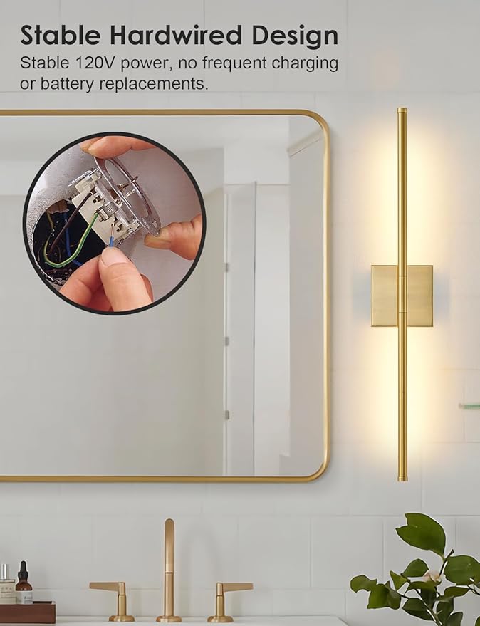 27.8 Inch Hardwired Wall Sconces Set of Two, 3000K Warm White Dimmable Modern Wall Sconces, 350° Rotate LED Light Fixtures Wall Lamp for Bathroom Living Room Bedroom Bedside, Brushed Brass