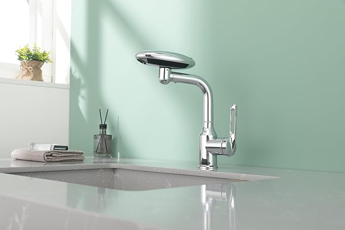 Bathroom Sink Faucet 1 Hole, Chrome Multifunctional Basin Faucet with 4 Water Outlet Modes, Modern 360°Rotatable Bar Tap with Two Water Supply Pipes