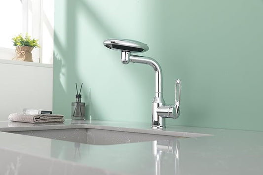 Bathroom Sink Faucet 1 Hole, Chrome Multifunctional Basin Faucet with 4 Water Outlet Modes, Modern 360°Rotatable Bar Tap with Two Water Supply Pipes