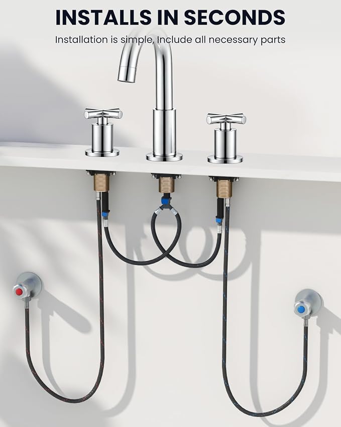 gotonovo 8’’ Widespread Bathroom Sink Faucet 3 Hole Polished Chrome | Bathroom Faucet Vanity,6-16’’ Sink,Basin,RV,Lavatory,2 Cross Handle,SUS304,360° Swivel Spout,24’’ cUPC Hose,Pop Up Drain