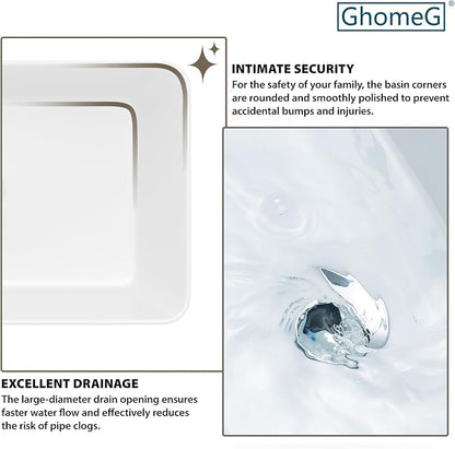 White Bathroom Vessel Sink Ceramic Vanity Art Basin Above Counter | 21"x14" Rectangular Bathroom Sink Porcelain Vessel Vanity Sink