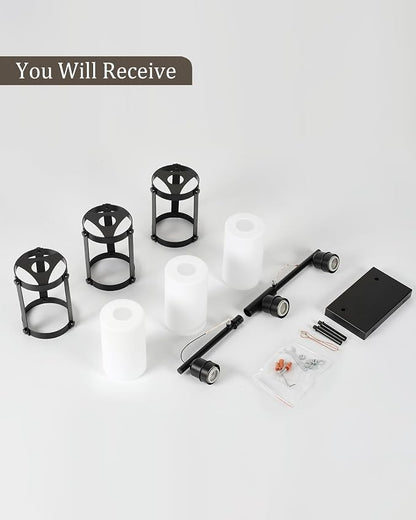 3-Light Black Bathroom Light Fixtures with Milk White Frosted Glass, 21" Modern Bathroom Vanity Lighting Fixtures Over Mirror with Metal Cage, Wall Sconce Lights for Bath, E26, OS-3014BKW-3W
