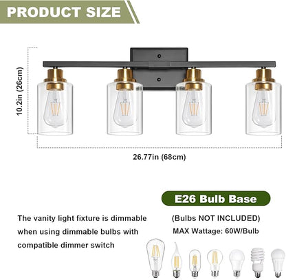 Unicozin Modern Bathroom Light Fixtures, 4 Light Vanity Lights Over Mirror, Black and Gold Wall Lamp with Clear Glass for Living Room Cabinet Bedroom Porch