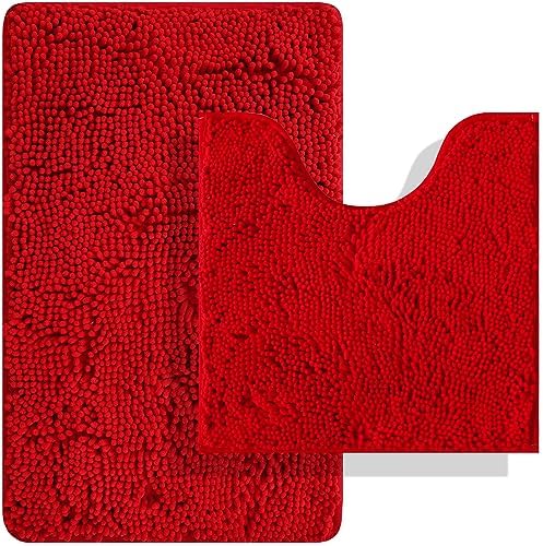 BOANKODU Red Bathroom Rugs Sets 2 Piece, Absorbent Bath Mat for Bathroom Very Soft Chenille Non-Slip, 32x20 Inch + 20x20 Inch U Shape Bathroom Mat, Machine Washable