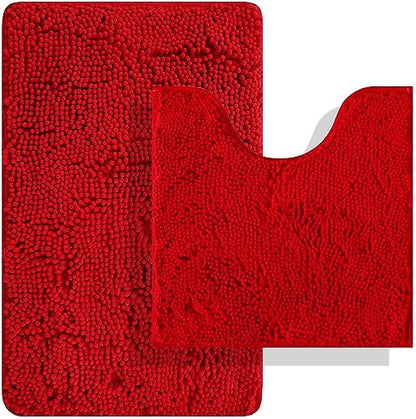BOANKODU Red Bathroom Rugs Sets 2 Piece, Absorbent Bath Mat for Bathroom Very Soft Chenille Non-Slip, 32x20 Inch + 20x20 Inch U Shape Bathroom Mat, Machine Washable
