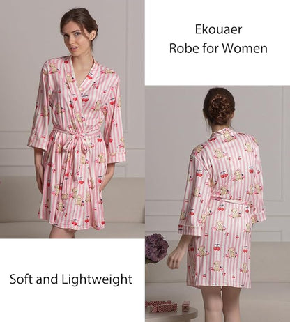 Ekouaer Women Kimono Robes Knee Length Knit Bathrobe Lightweight Soft Sleepwear V-neck Casual Ladies Loungewear