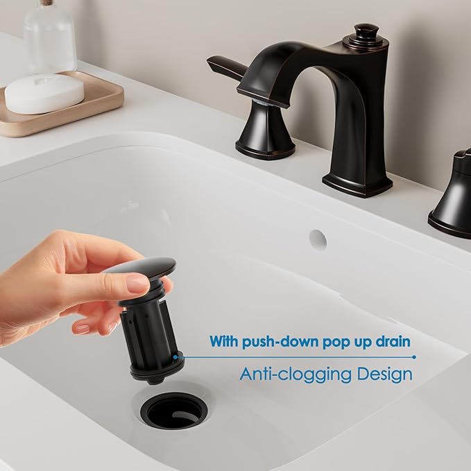 Oil Rubbed Bronze Bathroom Faucet 3-Hole, Sanliv Widespread Bathroom Sink Faucet with Pop-Up Drain, 2-Handle Bronze Vanity Faucet for 4-16 Inch Wide Spread Sinks, ORB