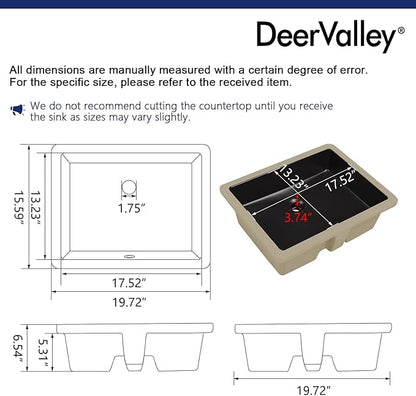 DeerValley 20x16 Inch Black Rectangular Undermount Bathroom Sink, Porcelain Ceramic Vessel Sink with Overflow, Modern Vanity Basin, DV-1U201B