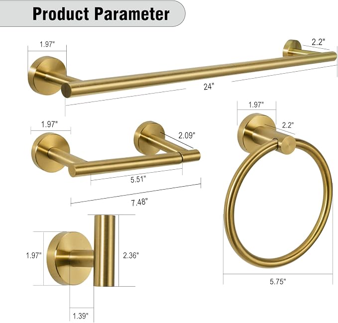 5 Piece Modern Style Wall Mounted Bathroom Hardware Set | #304 Stainless Steel, 24" Towel Bar Mount, Towel Rings, 2 Pillar Toilet Paper Holder, Bathrobe Hook (Brushed Gold)