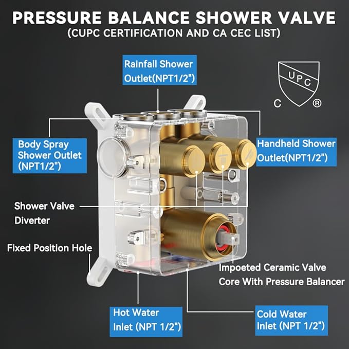 Brushed Gold Shower System with Body Jets, STARBATH 12" Rainfall Shower with 2 in 1 Handheld and 4 Body Jets, Can Use All at Once, Push Button Complete Shower Set with Valve and Trim Kit
