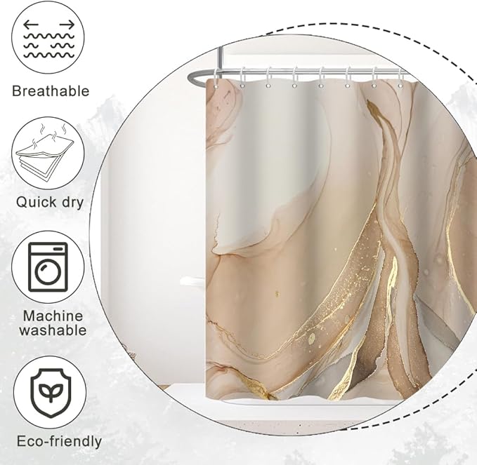 Brown Shower Curtain, Modern Brown Gold Grey Marble Shower Curtain for Bathroom Aesthetic Ink Texture Waterproof Shower Curtain Set with Hooks, 72x96 Inch