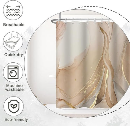Brown Shower Curtain, Modern Brown Gold Grey Marble Shower Curtain for Bathroom Aesthetic Ink Texture Waterproof Shower Curtain Set with Hooks, 72x84 Inch