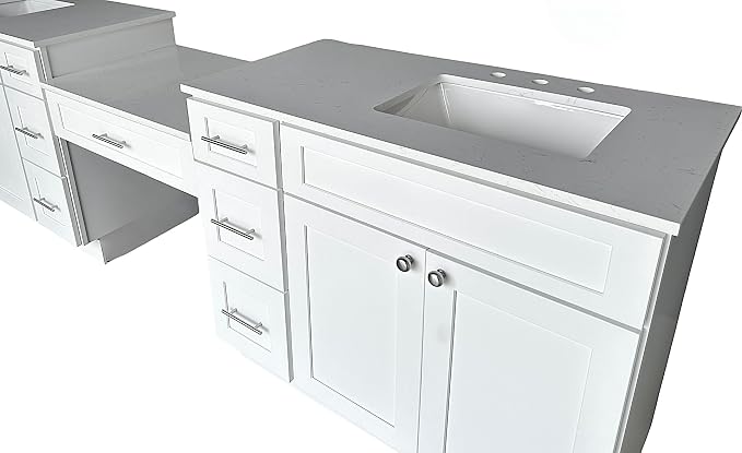 DSR 102'' Double Bathroom Vanity Cabinet with Carrara Quartz Top White Shaker Style Dovetail Drawers Vanity Desk Solid Wood Plywood MDF (102'' with Seven Drawers)