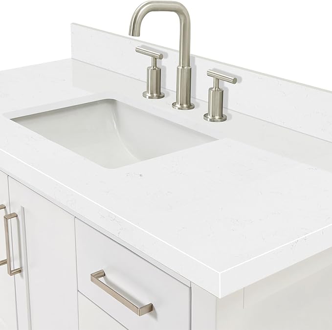 DKB Olivia 48-Inch White Bathroom Vanity with Sink, 1.5-Inch Carrara Quartz Countertop & Backsplash, Rectangular Undermount Sink, 2 Soft-Closing Doors, 6 Dovetail Drawers, Brushed Nickel