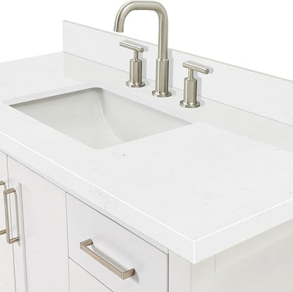 DKB Olivia 48-Inch White Bathroom Vanity with Sink, 1.5-Inch Carrara Quartz Countertop & Backsplash, Rectangular Undermount Sink, 2 Soft-Closing Doors, 6 Dovetail Drawers, Brushed Nickel