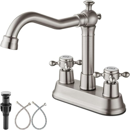 Aolemi 4 Inch Centerset Bathroom Sink Faucet Vintage 2 Cross Handle RV Mixer Tap Basin Vanity Lavatory Utility for Sink 3 Hole Include Hoses Pop Up Drain Faucet Handle with Label Brushed Nickel