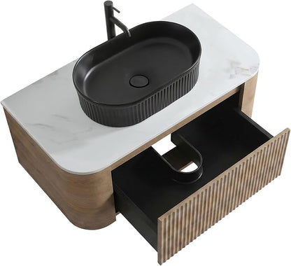 36" Preassembled Floating Bathroom Vanity with Black Sink, Oak | Mid-Century Modern Style, Fluted & Soft-Close Drawer with U-shaped Wall, Sinterted Stone Countertop, Towel Rack Included