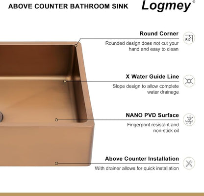 Logmey 19" Shallow Bathroom Vessel Sink 19x15 Rose Gold 16 Gauge Stainless Steel Handmade Above Counter Bathroom Sinks Rectangle Vessel Sink with Pop-up Drain Set
