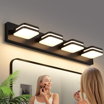 Torondo 360° Rotate LED Bathroom Vanity Light Fixtures, Acrylic Vanity Lights for Bathroom, Modern Wall Lighting Fixtures Over Mirror Living, Matte Black, Warm White, 4-Light, 27-Inch