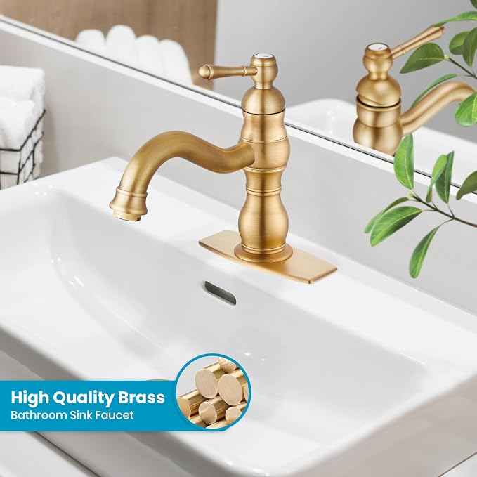 gotonovo Bathroom Faucet 1 Hole Vintage,Antique Brass,7.1” Spout Reach | Bathroom Sink Faucet for 1 or 3 Hole Single Handle,Deck Plate,360° Swivel Spout,Pop Up Drain,cUPC Supply Hoses,for Vanity RV