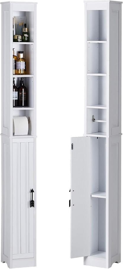 VECELO 71" Tall Bathroom Storage Cabinet, Narrow Storage Cabinet with Adjustable Shelves, Toilet Paper Rod and Magnetic Door, Freestanding Slim Bathroom Storage Cabinets for Small Space, White