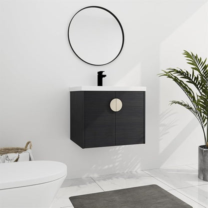 Henf Bathroom Vanity, 24 Inch, Wall Mount, Modern, Black, Ceramic Countertop, Double Doors, Floating, Gold Handle