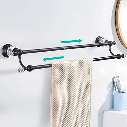 Crystal Black Towel Holder Double Adjustable Towel Bar 13 to 25 Inch, Towel Rack Rail for Bathroom Wall Mounted
