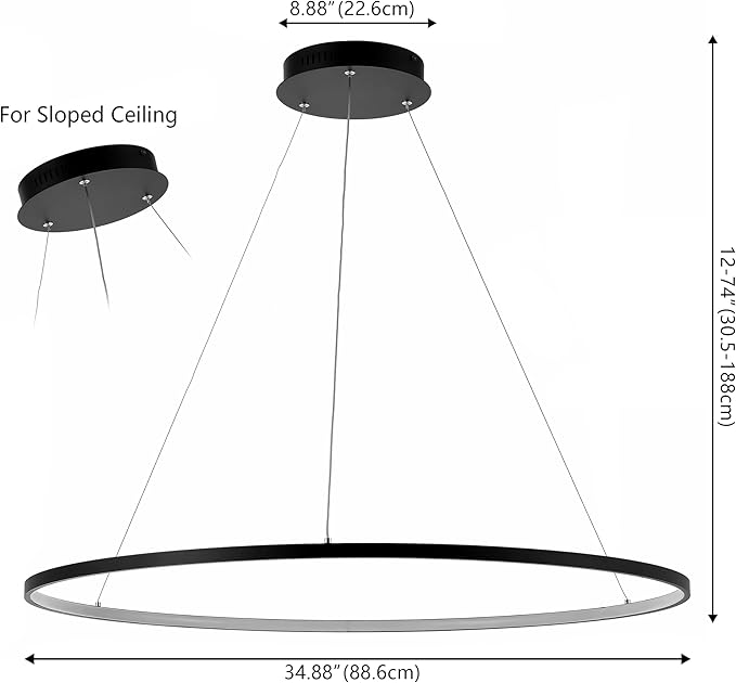 JONATHAN Y 35" Matte Black Modern Integrated LED Pendant Light, Dimmable Round Hoop Chandelier for Kitchen Island, Dining Room, Adjustable Height Metal Hanging Light (JYL7220A)