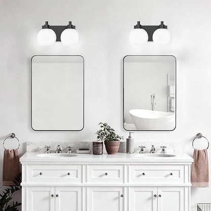 IZORRO Bathroom Light Fixtures, 2-Light Matte Black Vanity Light, Modern Wall Sconces with Globe Milk White Glass Shade, Vanity Lighting Fixtures Over Mirror,E26 Bulb Socket