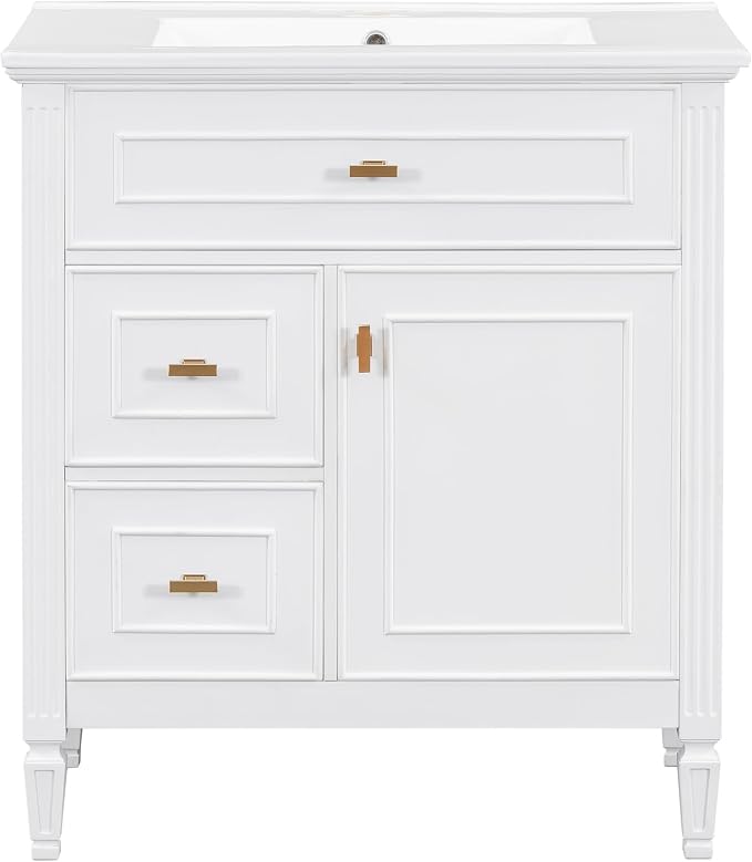 30" Bathroom Vanity with Ceramic Sink, Undermount Single Basin Bath Vanity Set w/1 Flip-Up & 2 Drawers,Modern Freestanding Storage Cabinet w/Adjustable Shelf,Solid Wood Frame,White