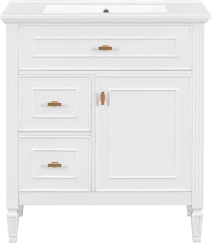30" Bathroom Vanity with Ceramic Sink, Undermount Single Basin Bath Vanity Set w/1 Flip-Up & 2 Drawers,Modern Freestanding Storage Cabinet w/Adjustable Shelf,Solid Wood Frame,White