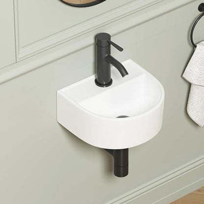 Wall Hung Bathroom Vessel Sink, QISHKA 12.5" X 11.5" Semi-Oval Floating Ceramic Wash Hand Basin White Wall Mount Vanity Sink for Small Bathroom and Small Cloakroom