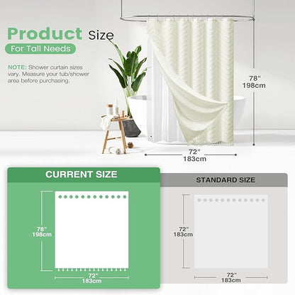 Dynamene Long Shower Curtain and Liner Set - 78 inch Tall Boho Shower Curtain and Waterproof Clear Liner, Tufted Chevron Striped Textured Tassel Shower Curtains for Bathroom, 12 Hooks, 72x78, Cream