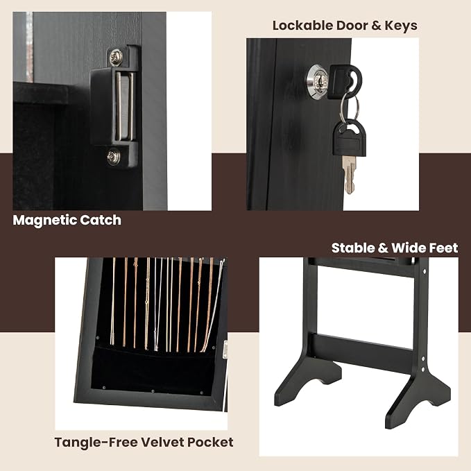 GOFLAME Jewelry Armoire Cabinet Standing, Lockable Full Length Mirror with Storage Shelves and 2 Drawers, Adjustable Tilt Angles, Stand Up Jewelry Box with Lighted Mirror (Black)