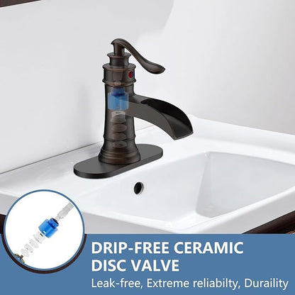 Waterfall Bathroom Faucet Oil Rubbed Bronze Sink with Pop Up Drain Stopper Faucets Single Hole Rustic Vanity Farmhouse Overflow One Handle Bath Black Commercial Assembly by Homevacious
