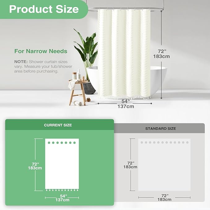 Dynamene Stall Fabric Shower Curtain, 54 Inch Wide Boho Farmhouse Tufted Chevron Striped Tassel Shower Curtain for Bathroom, Minimalist Ruffled Textured Cloth Shower Curtain Set, 10 Hook, 54x72, Cream