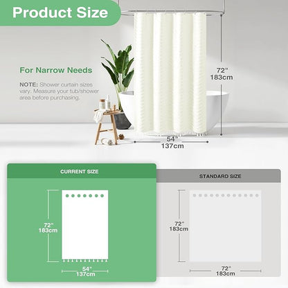 Dynamene Stall Fabric Shower Curtain, 54 Inch Wide Boho Farmhouse Tufted Chevron Striped Tassel Shower Curtain for Bathroom, Minimalist Ruffled Textured Cloth Shower Curtain Set, 10 Hook, 54x72, Cream