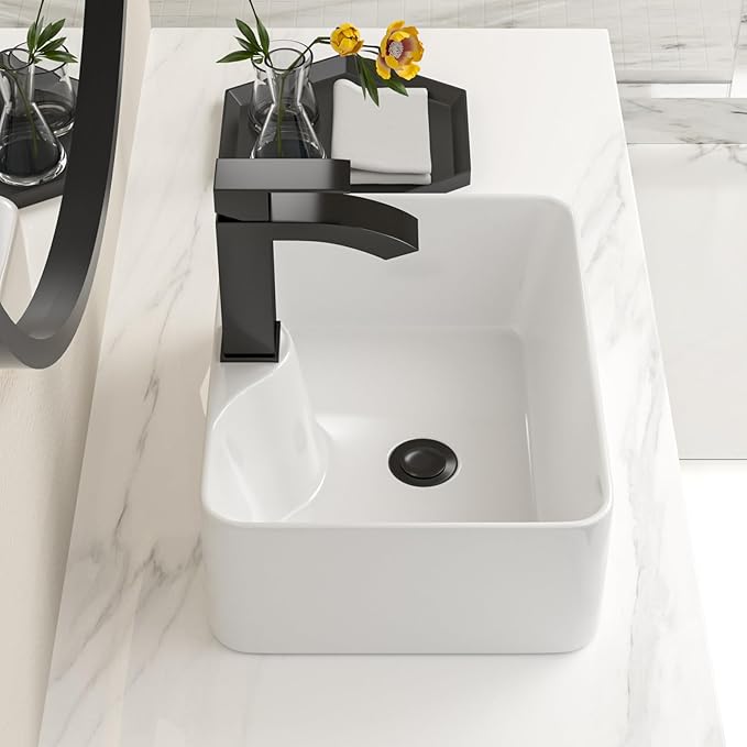 Bathroom Vessel Sink 16" x 12" Rectangle Vessel Sink With Black Faucet And Black Drain Combo Bowl Sink Bathroom Countertop Rectangular White Farmhouse Lavatory Vanity Sink Basin