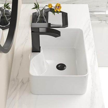 Bathroom Vessel Sink 16" x 12" Rectangle Vessel Sink With Black Faucet And Black Drain Combo Bowl Sink Bathroom Countertop Rectangular White Farmhouse Lavatory Vanity Sink Basin