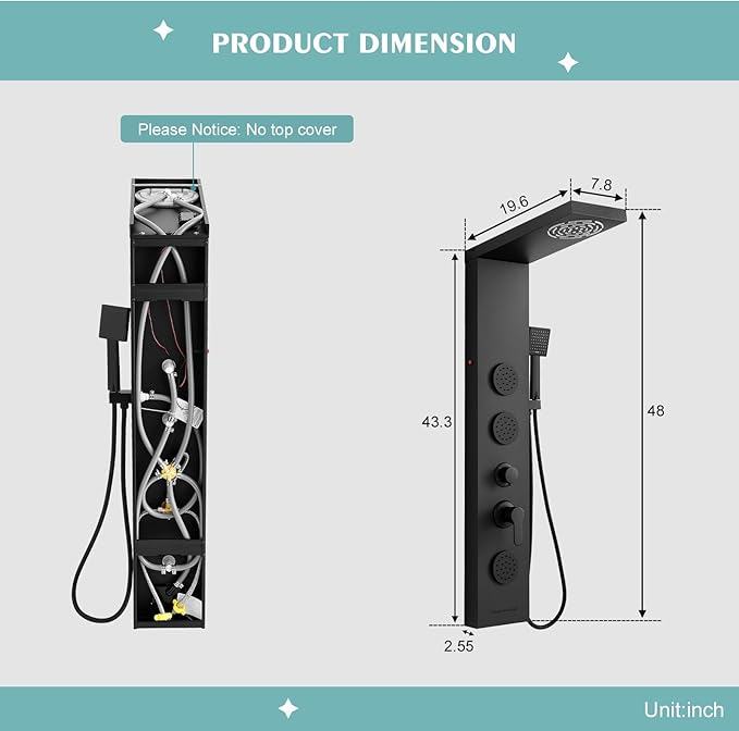 Matte Black Shower Panel for Bathroom - 5 In 1 Full Body Shower Tower With Led, Rainfall Shower Head With Powerful Body Jets, Handheld Shower And Tub Spout