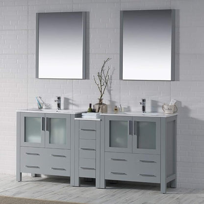 Blossom 72" Solid Wood Double Sink Bathroom Vanity with Side Cabinet | Metal Grey Master Bath Furniture | Anti-Warp Painted Finish, Soft-Close Full Extension Drawers & Tempered Glass Modern Style