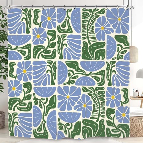Matisse Flower Shower Curtain 60Wx72L Inch Abstract Retro Aesthetic Minimalist Vintage Art 70s Modern Violet Blue Green Bathroom Set Accessories Decor with 12 Pack Hooks