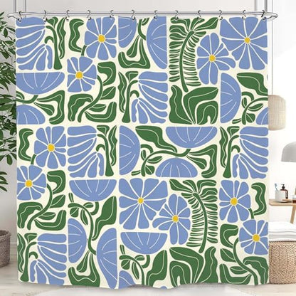 Matisse Flower Shower Curtain 60Wx72L Inch Abstract Retro Aesthetic Minimalist Vintage Art 70s Modern Violet Blue Green Bathroom Set Accessories Decor with 12 Pack Hooks