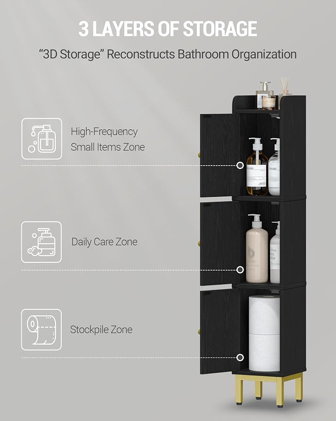 Hzuaneri Slim Bathroom Storage Cabinet, Narrow Bathroom Organizers,3 Doors | Narrow Storage Cabinet with 4 Adjustable Feet, Laundry Room Organization for Small Space, Kitchen,Living Room,Rattan Black