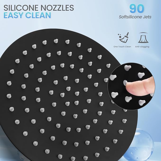 8 Inch Matte Black Round Rainfall Shower Head, All Metal Stainless Steel Rain Shower Heads with 90 Anti-Clog Silicone Nozzles, Wall or Ceiling Mount