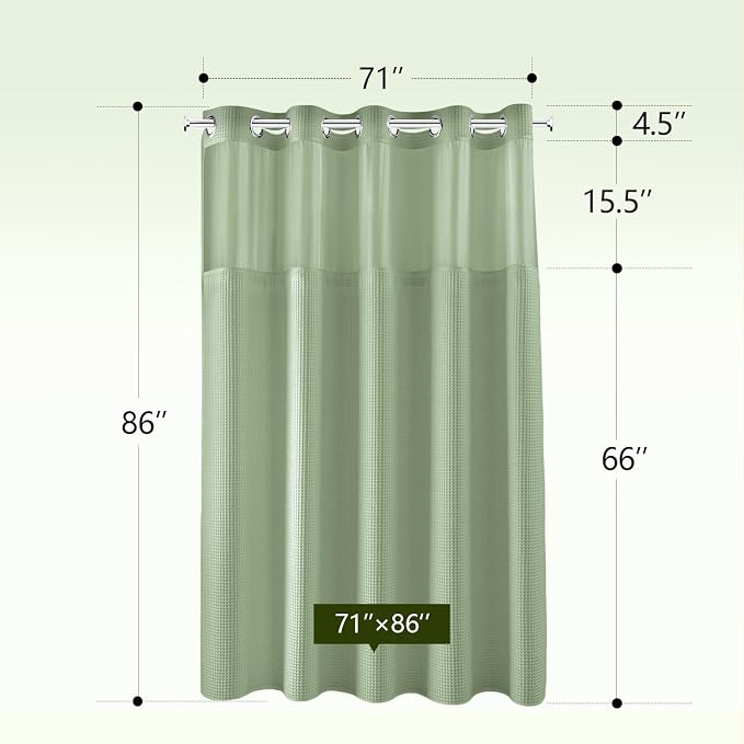 River Dream Cotton Blend Fabric Shower Curtain Set with Liner, Sage, 71x86 | Waffle Weave, No Hook Needed, with Snap in Replacement Liner, Top Sheer Window, Hotel Quality for Bathroom, Extra Long