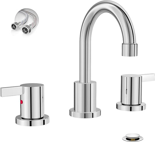 Phiestina 8 Inch 3 Hole Widespread Chrome Bathroom Faucet 2 Handle Bathroom Vanity Faucet with Metal Pop Up Drain & Water Supply line,BF03042-K01-C